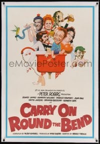 4h043 CARRY ON ROUND THE BEND linen English 1sh 1971 Sidney James, wacky Renato Fratini art of cast!