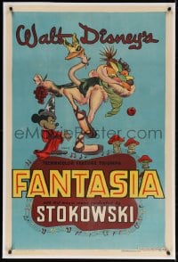 4h243 FANTASIA linen 1sh R1946 great Disney cartoon art of Mickey Mouse & dancing ostrich, rare!