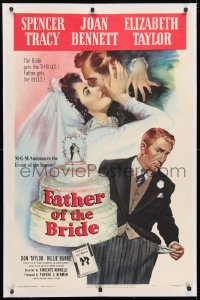 4h245 FATHER OF THE BRIDE linen 1sh 1950 art of Liz Taylor in wedding gown & broke Spencer Tracy!
