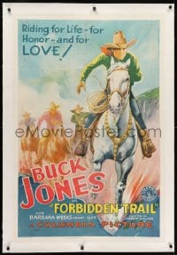 4h251 FORBIDDEN TRAIL linen 1sh 1932 Buck Jones riding for life, for honor & for LOVE, ultra rare!