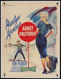 4h056 BUS STOP linen French 23x30 R1960s Geleng art of Don Murray w/lasso & sexy Marilyn Monroe!