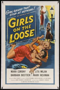4h258 GIRLS ON THE LOOSE linen 1sh 1958 classic catfight art of girls in gangs who stop at nothing!
