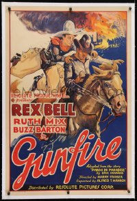4h268 GUNFIRE linen 1sh 1935 great art of cowboys Rex Bell & Buzz Barton riding on the same horse!