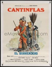 4h067 EL BARRENDERO linen Mexican poster 1982 Pato art of Cantinflas as janitor cleaning up, rare!