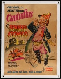 4h068 EL BOMBERO ATOMICO linen Mexican poster 1952 Ocampo cartoon art of firefighter Cantinflas!