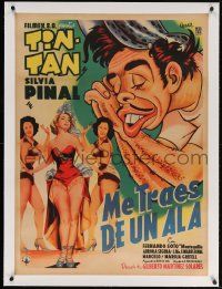 4h076 ME TRAES DE UN ALA linen Mexican poster 1953 cool Urzaiz art of Tin-Tan and sexy women!
