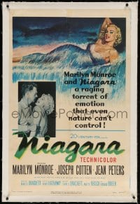 4h307 NIAGARA linen 1sh 1953 classic art of giant sexy Marilyn Monroe on famous waterfall + photo!