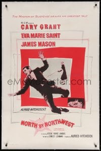 4h310 NORTH BY NORTHWEST linen 1sh R1962 Cary Grant, Eva Marie Saint, Alfred Hitchcock classic!