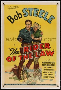 4h335 RIDER OF THE LAW linen 1sh 1935 great romantic art of Bob Steele protecting pretty blonde!