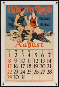 4h113 RR DONNELLEY linen August calendar 1915 Edward Penfield art of man & woman in bathing suits!