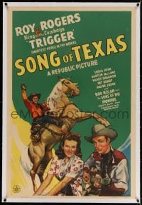 4h351 SONG OF TEXAS linen 1sh 1943 art of Roy Rogers riding Trigger & playing guitar for girl!