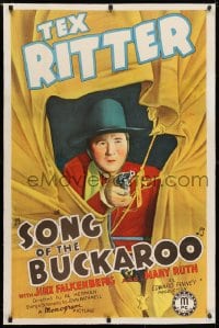 4h352 SONG OF THE BUCKAROO linen 1sh 1939 great portrait of cowboy Tex Ritter aiming his gun, rare!