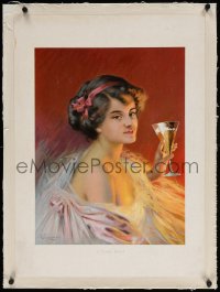 4h147 A VOTRE SANTE linen 19x26 French special poster 1920s art of pretty woman holding drink!