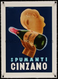 4h130 CINZANO linen 17x25 Italian advertising poster 1955 Nico Edel art of woman kissing bottle!