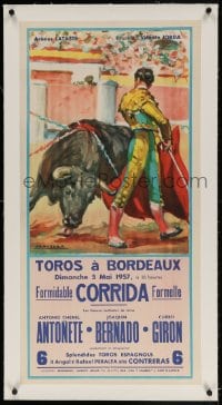 4h185 TOROS A BORDEAUX linen 18x36 French special poster 1957 Santos Saavedra bullfighting art!
