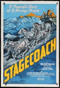 4h354 STAGECOACH linen S2 recreation 1sh 2000 John Ford, John Wayne, artwork of rushing stagecoach!