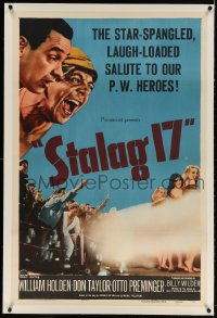 4h355 STALAG 17 linen 1sh 1953 William Holden, Robert Strauss, Billy Wilder WWII POW classic!