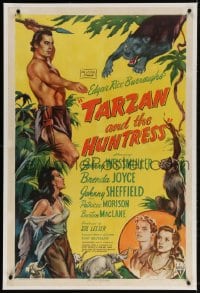 4h361 TARZAN & THE HUNTRESS linen 1sh 1947 art of Johnny Weissmuller, Brenda Joyce & Sheffield!