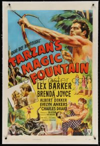 4h362 TARZAN'S MAGIC FOUNTAIN linen 1sh 1949 cool art of Lex Barker, Brenda Joyce & jungle animals!