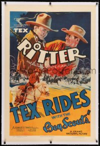 4h364 TEX RIDES WITH THE BOY SCOUTS linen 1sh 1937 cool art of Tex Ritter & his horse White Flash!