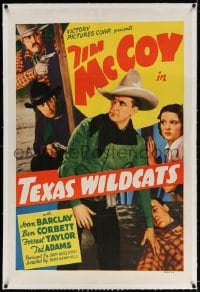 4h366 TEXAS WILDCATS linen 1sh 1939 great image of cowboy Tim McCoy protecting Joan Barclay!