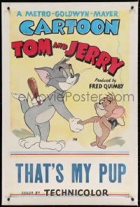 4h371 TOM & JERRY linen 1sh 1952 Tom & Jerry hiding weapons behind their back, That's My Pup!