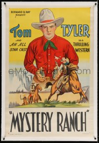 4h372 TOM TYLER linen 1sh 1930s stone litho of the cowboy with gun & riding horse, Mystery Ranch!