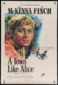 4h374 TOWN LIKE ALICE linen 1sh 1957 great Angelo Cesselon artwork of Virginia McKenna in WWII!