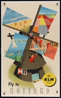 4h090 KLM HOLLAND linen 24x39 Dutch travel poster 1950s Dirksen art of windmill & sights, rare!