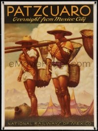 4h105 NATIONAL RAILWAYS OF MEXICO PATZCUARO linen 27x37 Mexican travel poster 1950s art of workers!