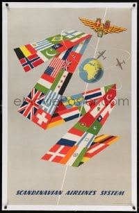 4h106 SCANDINAVIAN AIRLINES SYSTEM linen 25x39 Swedish travel poster 1952 cool art of many flags!
