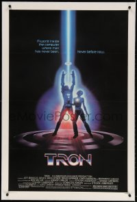 4h378 TRON linen 1sh 1982 Walt Disney sci-fi, Jeff Bridges in a computer, cool special effects!