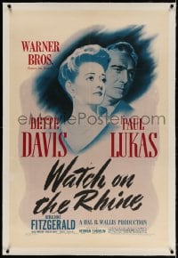 4h387 WATCH ON THE RHINE linen 1sh 1943 Bette Davis & Lukas, by Dashiell Hammett & Lillian Hellman!