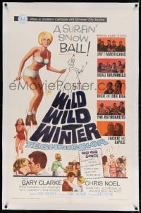 4h391 WILD WILD WINTER linen 1sh 1966 half-clad teen skier, Jay and The Americans & early rockers!