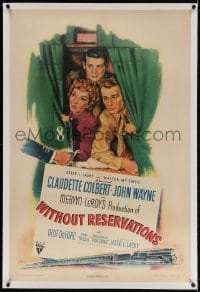 4h392 WITHOUT RESERVATIONS linen 1sh 1946 art of John Wayne, Claudette Colbert & Don DeFore!