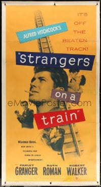 4j191 STRANGERS ON A TRAIN linen 3sh 1951 Farley Granger, Robert Walker, Hitchcock, ultra rare!