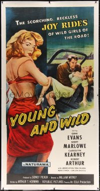 4j193 YOUNG & WILD linen 3sh 1958 artwork of the reckless joy rides of wild girls of the road!