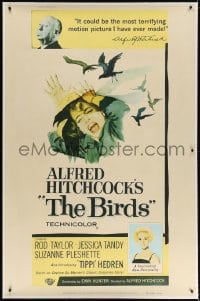 4j194 BIRDS linen style Y 40x60 1963 Alfred Hitchcock, Tippi Hedren, classic bird attack art!