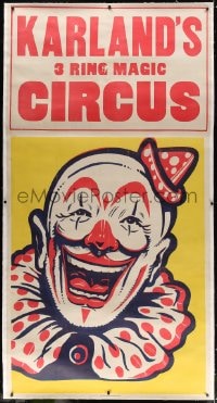 4j196 KARLAND'S 3 RING MAGIC CIRCUS linen 42x81 circus poster 1950s great laughing clown art!