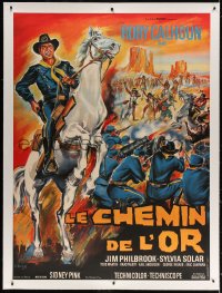 4j115 FINGER ON THE TRIGGER linen French 1p 1965 Belinsky art of Rory Calhoun on horse over battle!