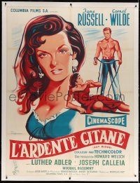 4j120 HOT BLOOD linen French 1p R1960s barechested Cornel Wilde grabbing sexy Jane Russell, Nicholas Ray