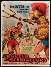 4j132 TWO GLADIATORS linen French 1p 1964 Belinsky art of Richard Harrison fighting in arena, rare!