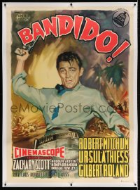 4j180 BANDIDO linen Italian 1p R1959 different Manno art of Robert Mitchum with gun in Mexico!