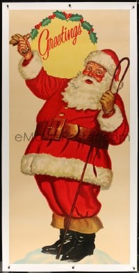 4j211 GREETINGS linen 36x76 special poster 1950s life-size Christmas art of jolly Santa Claus, rare!