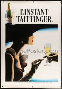 4j240 TAITTINGER linen 47x69 French advertising poster 1987 great art of woman receiving champagne!