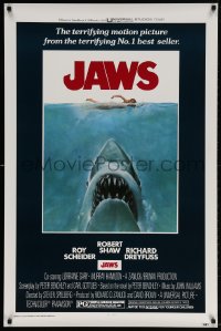 4k011 JAWS 1sh 1975 Steven Spielberg, classic man-eating shark attacking swimmer art, unfolded!