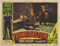 4k238 FRANKENSTEIN LC #8 R1951 Dwight Frye holding torch by chained Boris Karloff as the monster!