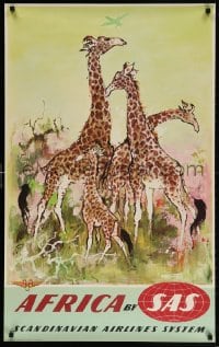 4k097 SAS AFRICA 25x39 Danish travel poster 1950s Otto Nielsen wildlife art of giraffes!