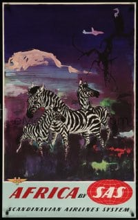 4k098 SAS AFRICA 25x39 Danish travel poster 1950s Otto Nielsen wildlife art of zebras!