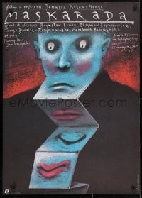 4p185 MASKARADA Polish 26x37 1987 bizarre Pagowski art of man with many mouths!